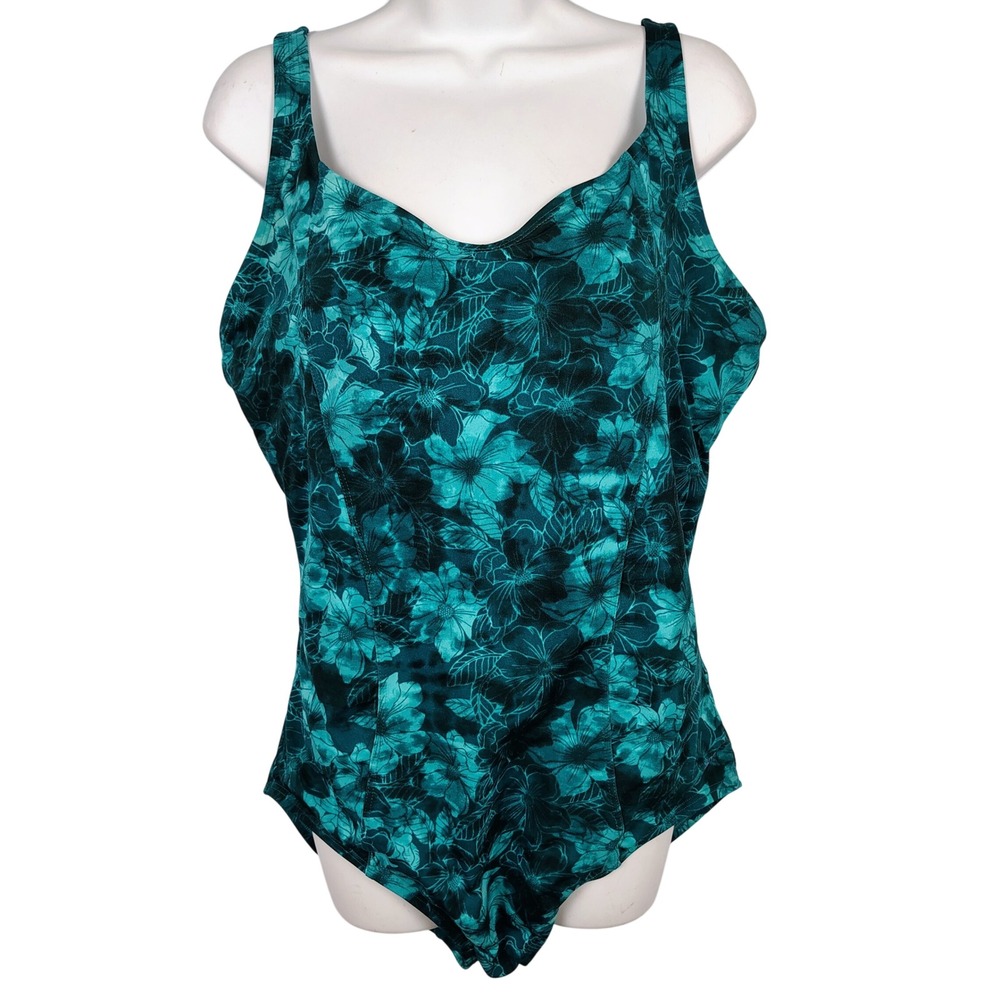 Speedo Womens SZ 16 Endurance One Piece Swimsuit Teal Floral Tropical Athletic